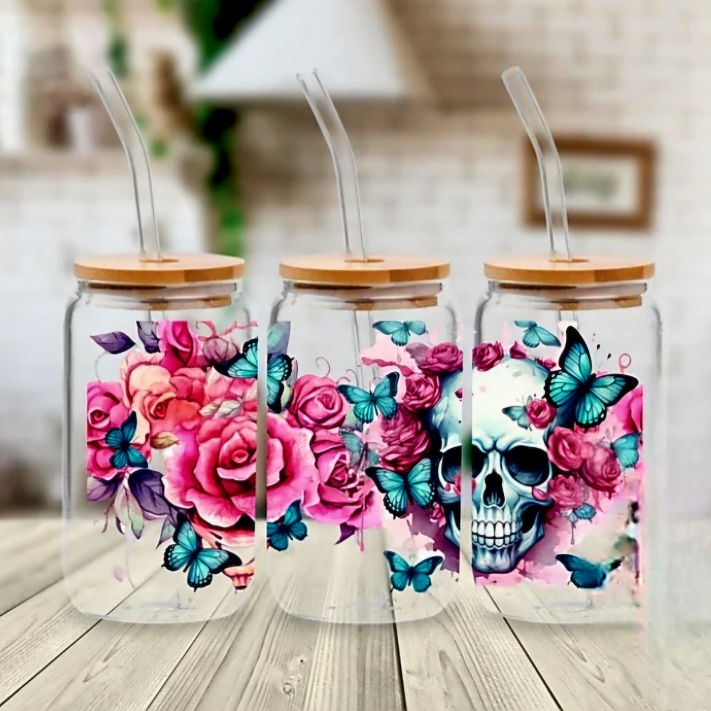Skull & Roses NEW 16 oz Clear glass can cup with Bamboo Lid & straw-ONLY ONE CUP